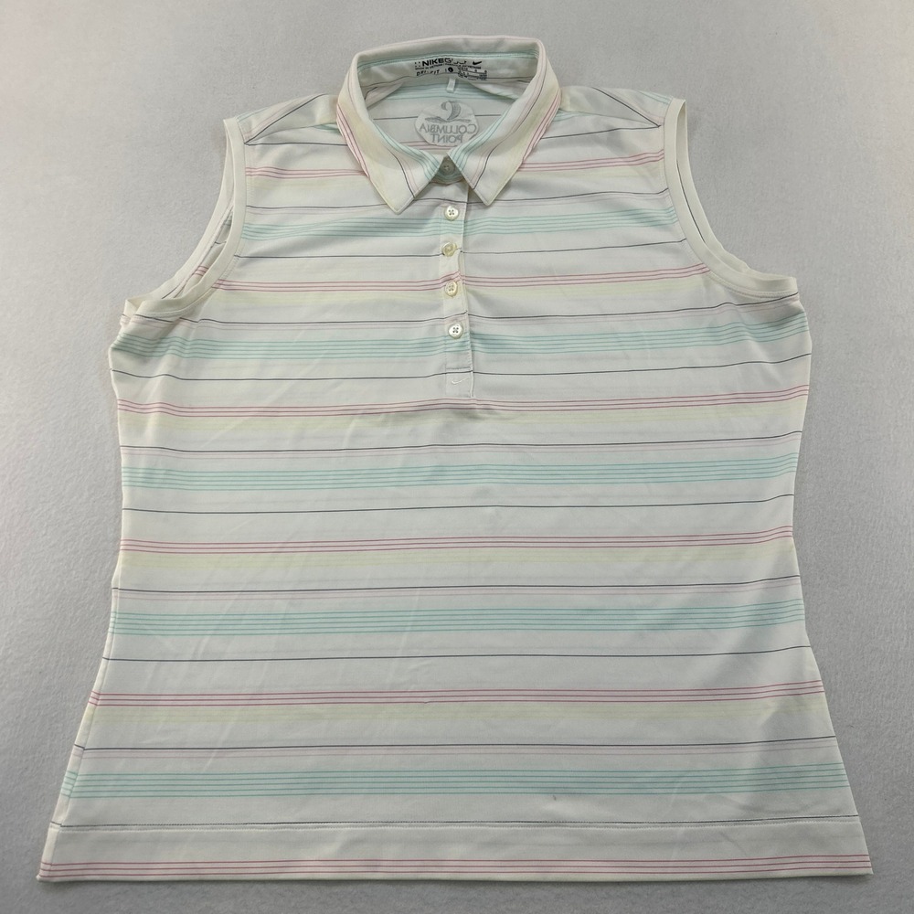 Nike Golf Womens Dri-FIT Sleeveless Polo Shirt White Striped L Columbia Point